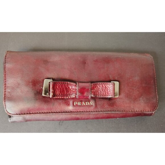 Vintage Prada Leather Wallet, Magenta Purple, Bow, Snap Close Italy READ - Picture 1 of 11